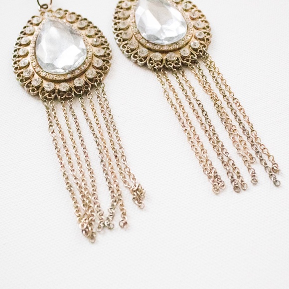 Vintage 60’s/70’s Tear Drop Drop & Dangle Chain Rhinestone Statement Earrings - Picture 4 of 8